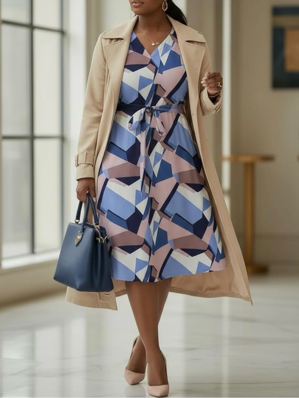 FANDEE Geometric Print Blue & Pink Tie-Waist A-Line Dress - Picture 8 of 12